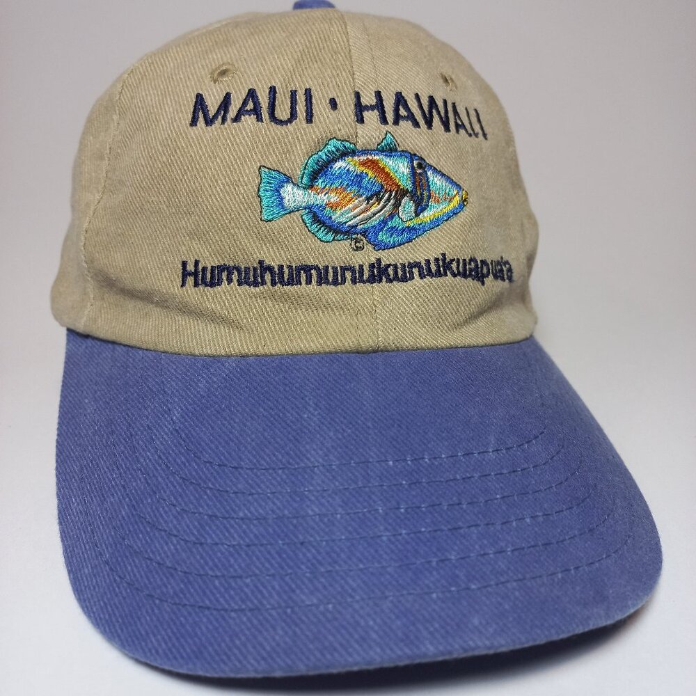 Maui Hawaii hat Vintage VTG fish logo Humuhumunukunukuapua'a cap Blue and tan